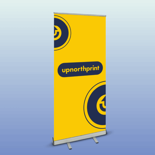 Popular roller banner (800mm x 2,000mm) with up north print branded artwork on plain gradient background