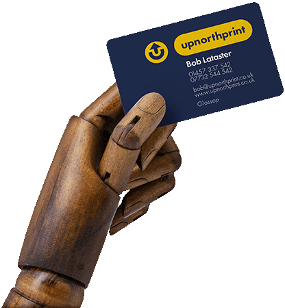 image of a wooden hand holding a business cards