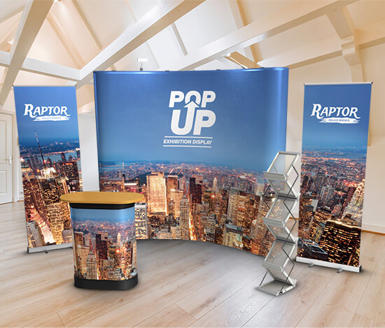 image showing pop-up and pull-up exhibition banners in a light, airy, loft setting.