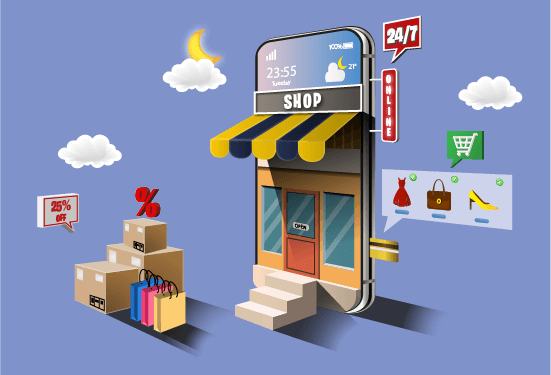 image showing a mobile phone dressed as a shop, signifying e-commerce