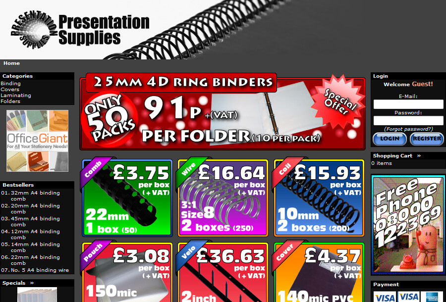 image of the first working e-commerce website I created, www.presentationsupplies.co.uk