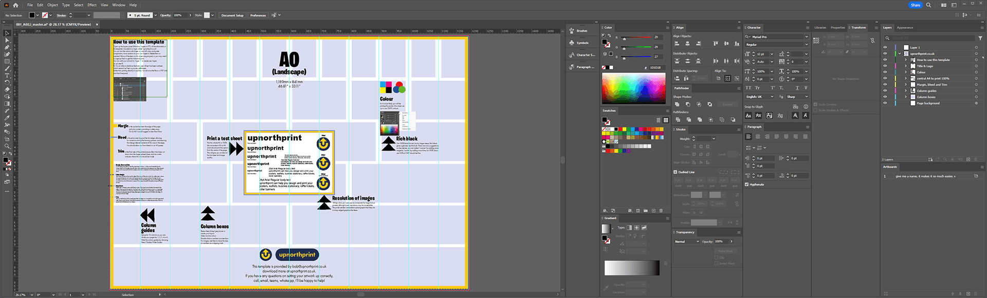 screenshot of illustrator showing an A0 template and all design panels open