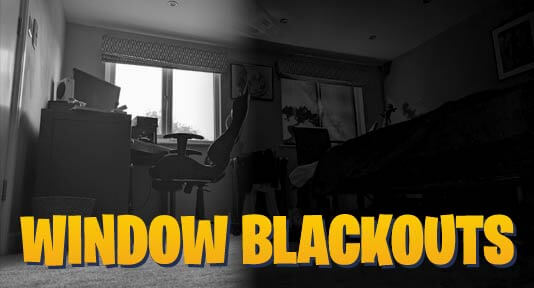 an altered image of a bedroom, one half in light, the other half in darkness showing the effectiveness of a window blackout.